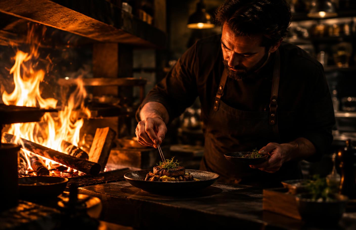 Chef plating beside an open wood fire